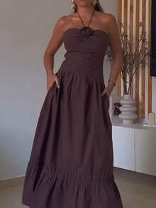 Đầm dự tiệc mùa hè thanh lịch không tay cúp ngực màu trơn dành cho nữ - Cà phê - Xem 7