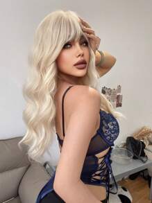 1-Piece Synthetic Heat Resistant Long Curly Wavy Hair With Bangs Wig Golden 24 Inch Fully Machine Woven Daily Natural Realistic Wig