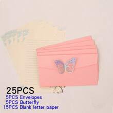 Set de 25 piezas, que incluye 15 hojas de papel para escribir, 5 sobres con decoraciones de mariposas de colores y refuerzo de perlas falsas, adecuado para cumpleaños, aniversarios, San Valentín, Acción de Gracias, Navidad, Día de la Madre y otras ocasiones de vuelta a la escuela