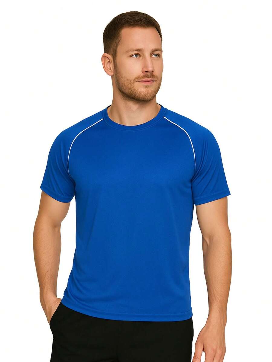 Men's Plain Black-White Dry Fit Shirt Contrast Colors Short Sleeve - Casual - Training - Gym - Sports - Exercises - Running-Party - 寶藍色 - 查看 1