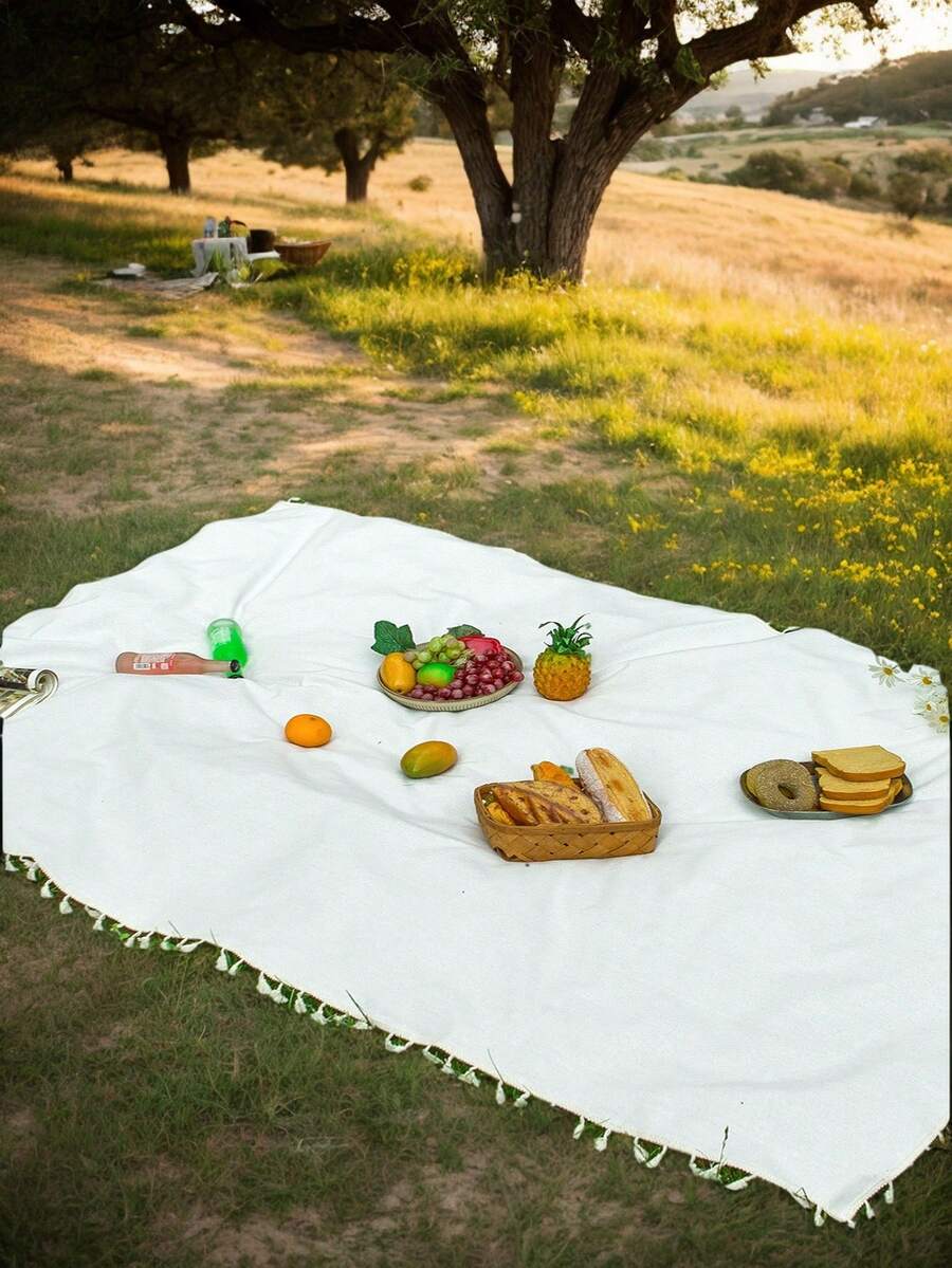 Bubaba 1pc Ivory Rectangular Mat, Portable Outdoor Picnic Blanket, Foldable Camping Rug Suitable For Beach, Camping, Hiking, Traveling, Music Festivals - Milky White - View 1