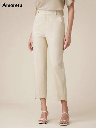 Amoretu Women's Striped Small Leg Casual Solid Color 9/10 Western Pants