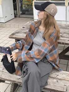 女士格子落肩长袖衬衫，随机拼接设计，春季款 - 桔色 - 查看 4