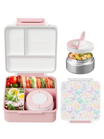 便當午餐盒，帶 9 盎司湯熱，防漏午餐食品容器，帶 4 格，隔熱熱食罐，適合學校、辦公室、旅行和野餐