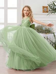 Vestido elegante verde menta con moño para niña preadolescente, vestido de niña de las flores elegante para adolescentes, adecuado para bodas, fiestas, cumpleaños, bailes de graduación y otras ocasiones formales - verde menta - Ver 5