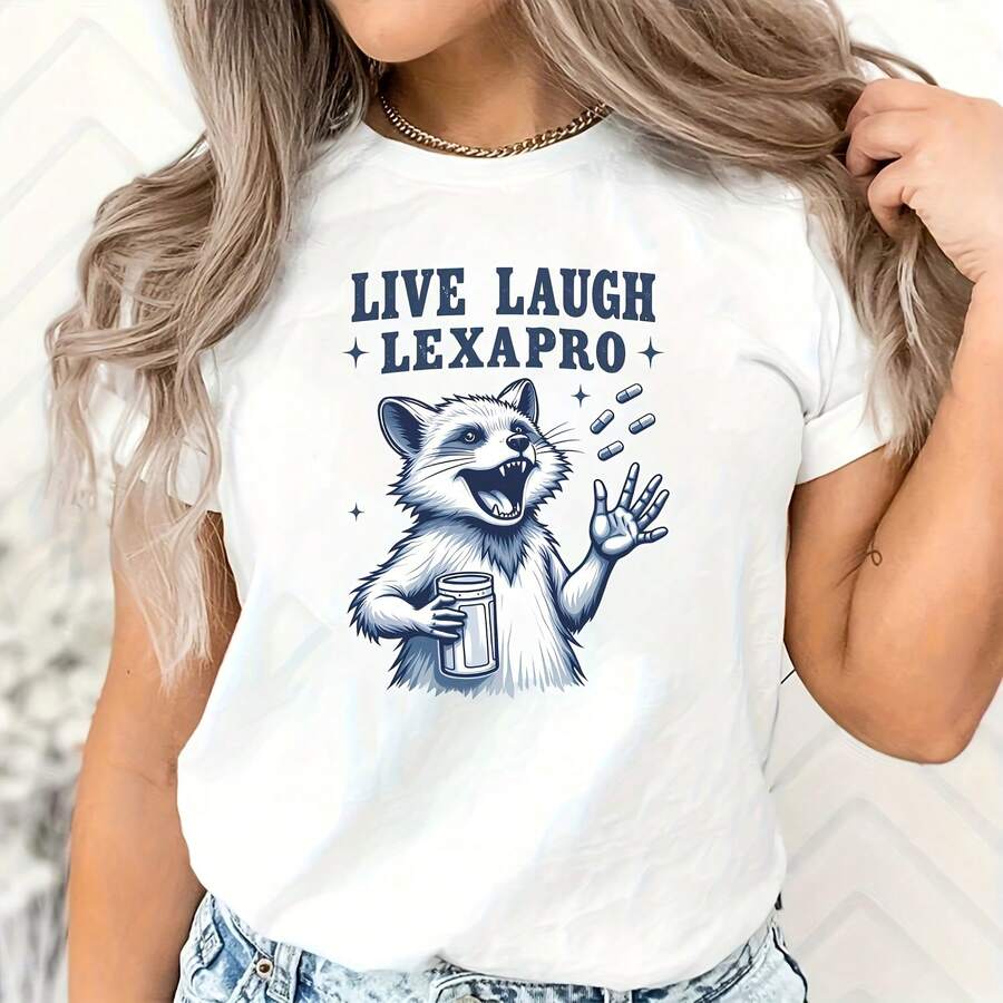 L Laugh Lexapro Rac With Pills All Season 220g Cotton Single Sided Printed Crew Neck Short Sve T Shirt - White - View 1