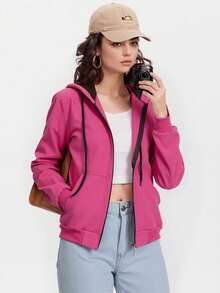 Women's Plain Cold Weather Sweatshirt With Zipper Direct From Factory For Winter - Rosa Fucsia - Ver 2