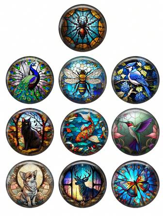 10 pièces 12mm/20mm/25mm Cabochons en verre photos mixtes ronds avec motifs colorés d'animaux tels que papillons, abeilles, chats, oiseaux. Accessoires pour la fabrication de bijoux