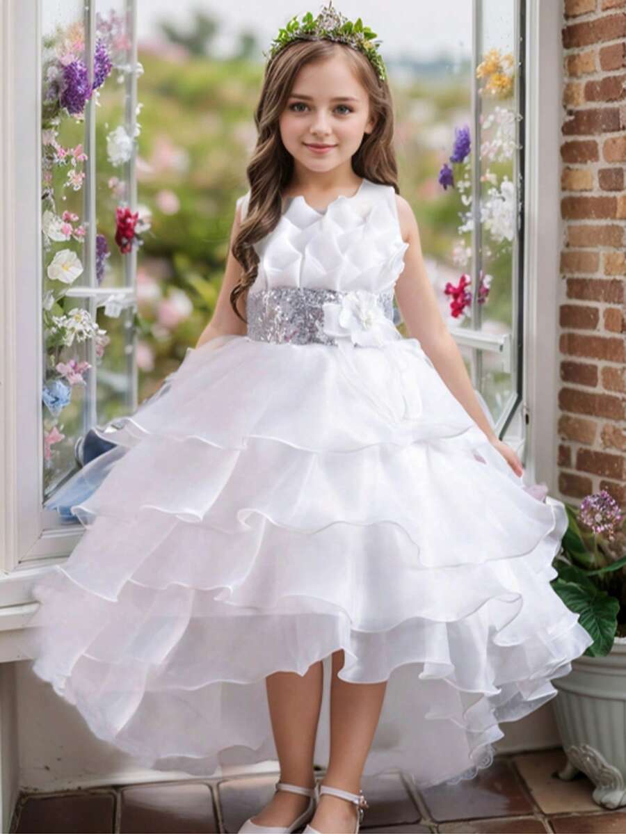 Tween Girl Multilayer Sequins Tulle Dress, Low-High Hem Cocktail Party Princess Gown, Suitable For Wedding,Graduation,All Seasons - White - View 1