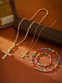1pc Luxury Big Size Vintage Copper Metal Electroplated Gold Cross Pendant Necklace, Unisex, Suitable For Daily Life, Wedding And Party, Can Be Worn Alone Or Layered, Also Can Be Given As A Gift. Comes With Flannel Bag - Multicolor - View 13