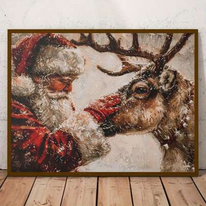 1pc Santa Claus And Reindeer Canvas Art Print, Vintage Christmas Illustration, Modern Art Decor, Unframed, Home Office, Bedroom, Living Room, Kitchen, Bathroom, Seasonal Holiday Poster, Cartoon Style, Indoor Use, Ink On Canvas, Unframed Home Decor Christmas Decorations Room Decor