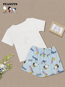 SNOOPY Authorized PEANUTS Snoopy Casual Round Neck Snoopy Printed Short Sleeved Top And Shorts Women's 2 Pieces Set Outfit