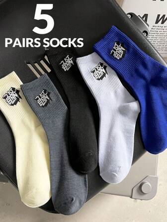 5 paires de chaussettes mi-mollet pour hommes, couleurs unies, lettres, décontractées et respirantes