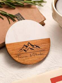 1pc Customized Text Marble & Wooden Coaster, Housewarming, Wedding, Anniversary, Engagement Personalized Gift - Multicolor - View 9