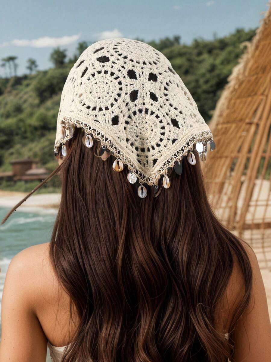 1 pieza Bandana de encaje floral de ganchillo beige estilo bohemio con borlas de conchas marinas, diadema de punto hueco bohemio para vacaciones en la playa - Beis - Ver 1