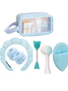 Ensemble de sept pièces d'outils de lavage du visage et de soins de la peau : bandeau de lavage du visage, strap de poignet, brosse de lavage du visage en silicone à double face, brosse de nettoyage d'ourson, éponge de nettoyage du visage, grand sac de rangement imperméable. Un outil de beauté tout-en-un.