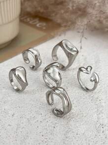 6pcs/Set Vintage Minimalist Alloy Molten Lava Teardrop Design Open Rings, Asymmetrical Fashionable Thick Metal Gold Tone Ring Set, Suitable For Women's Daily Commute, Holiday Gifts, Party Decoration, Charming Jewelry Gift Set