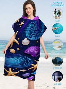 1pc Soft Microfiber Printed Hooded Beach Robe With Starfish & Shell Pattern - Suitable For Beach, Home Decor, Gifts For Men, Women, Couples - Beach & Holiday Wear, Couples Cloak Back To School - Multicolor - View 6