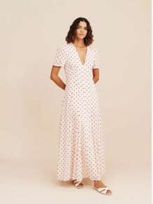 Vestido Longo Maxi Feminino de Verão com Estampa Floral e Poá, Decote em V, Ajustado, Tecido Tecido 120G, Estilo Romântico, Qualidade Premium, Vibes de Deusa