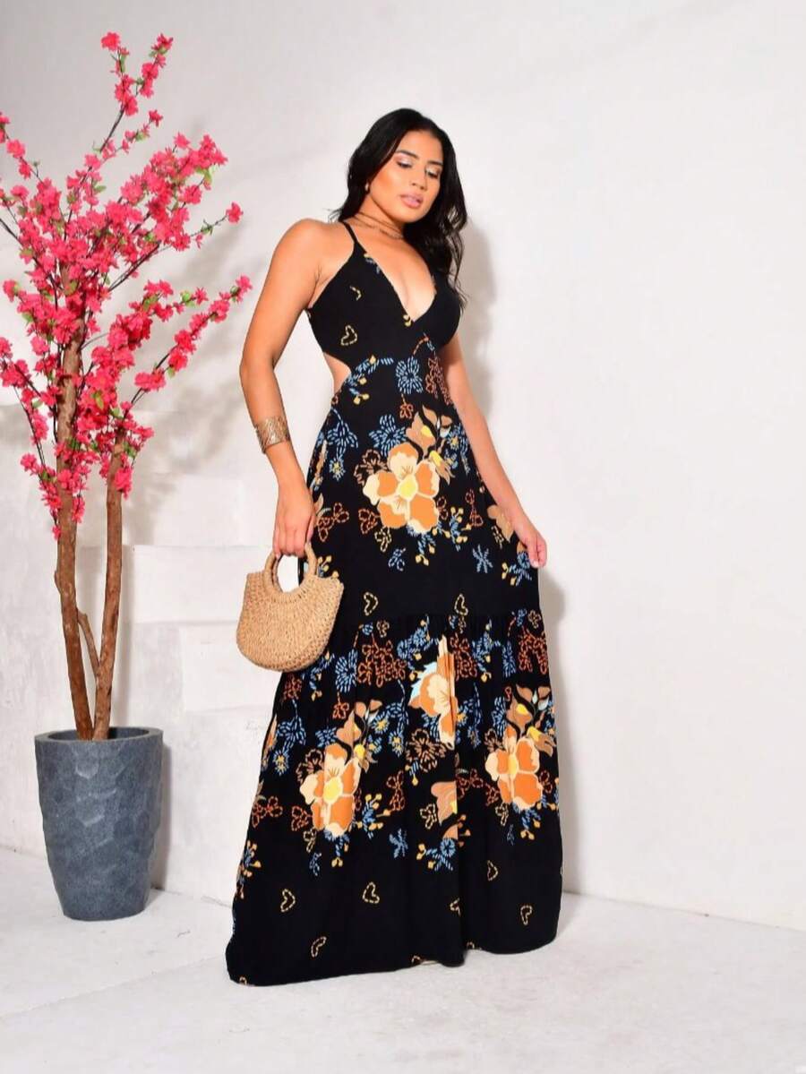 Boho Floral Leaf Plants Backless Knot Long Dress - 黑色 - 查看 1