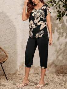 180克梭织面料，弹性腰带，口袋印花短裤套装，女士款，优雅 - 黑色 - 查看 4