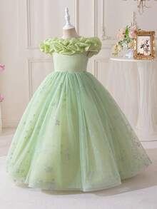 Tween Girl The Ruffled Mesh Hem Is Gorgeous For Flower Girl Birthday Party Fluffy Dress, Suitable For Birthday Parties, Hosts, Stage Performances, Piano Competitions And Other Important Occasions, Suitable For Various Important Festivals - Green - View 2