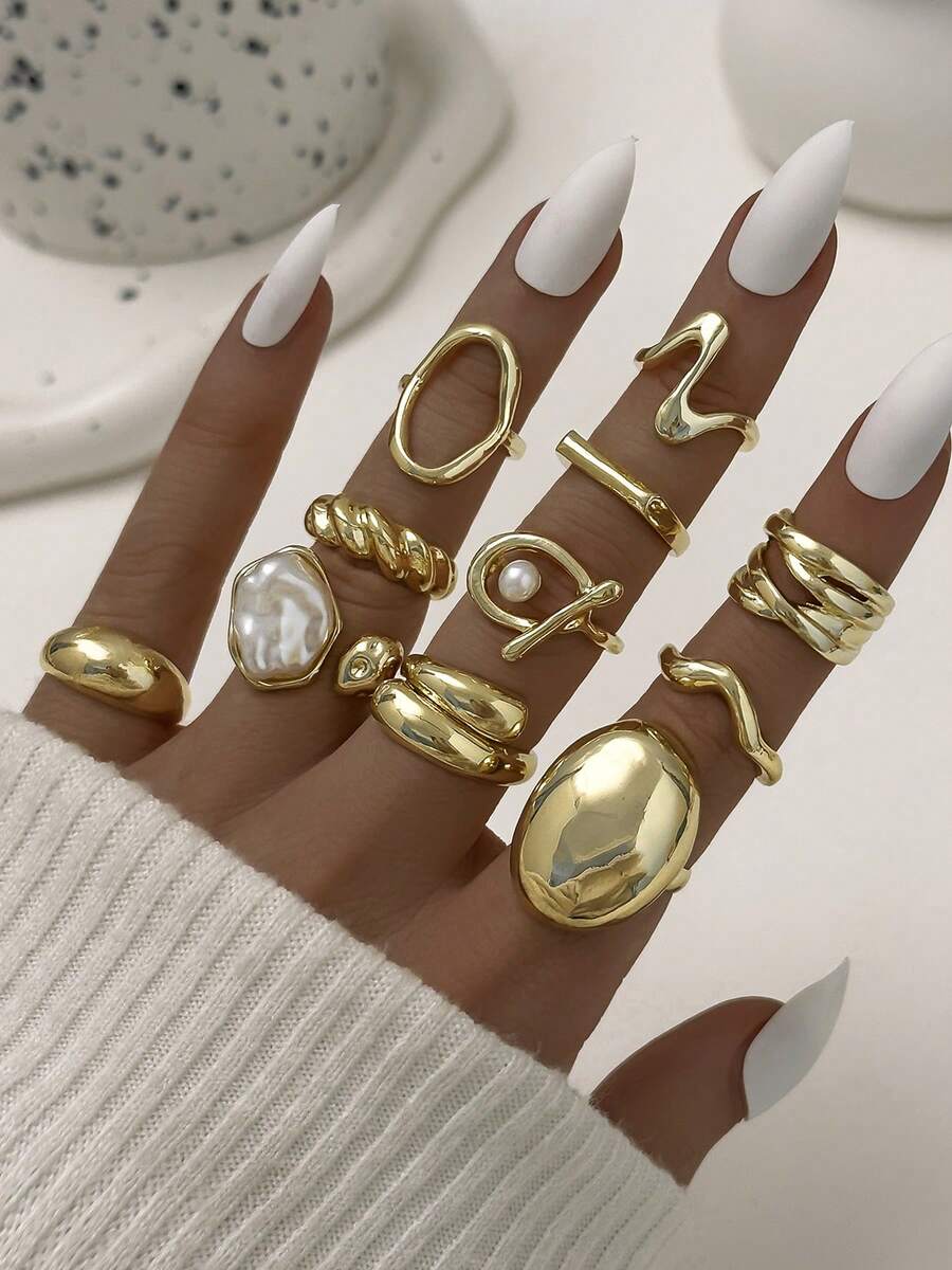 11pcs Vintage Baroque Style Faux Pearl Plain Knuckle Rings, Retro Twisted Layered Design Ring Set For Women - Gold - View 1