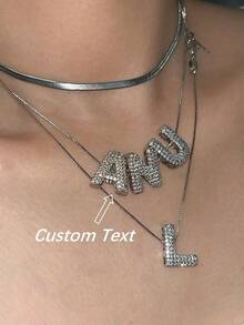 1pc Luxury 3D Cubic Zirconia Personalized Initial Letter "MAMA" Necklace Pendant, Customized Jewelry Gift For Mom, Fashion, Simple, Casual, Vintage, Unique Design - Ideal For Girlfriend, Mom, Family, Friend, Daughter, Anniversary, Valentine's Day, Mother's Day, Birthday, Graduation, Daily Wear, Wedding, Prom - Silver Box Chain - View 2