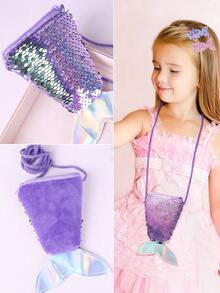 4pcs Princess Big Sequin Mermaid Cape, Sequin Cape Hair Clip Tail Piece Bag Princess Dress-Up Gift Set, Very Suitable For Dressup, Easter, Halloween, Birthday, Christmas Gifts, Party, A Small Gift To Send Friends. - Large Sequin Cape + Hairpin + Fishtail Bag - View 5