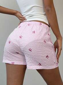 Womens Low Rise Shorts Casual Elastic Waist Bow Stripes Print Loose Shorts Going Out Shorts - Pink - View 5
