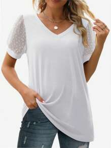 VERACT Camiseta casual de mujer de cuello en V, manga corta, con motivo de lunares suaves de tul.
