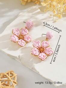 OOQ 1 Pair Handmade Woven Rattan Colorful Floral Boho Style Earrings, Minimalist Design With High-End Floral Tassel, Suitable For Women's Daily, Vacation, Party Wear (Handmade With Minor Imperfections) - Pink - View 2