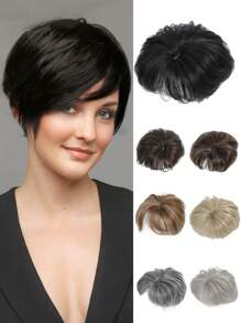 Natural Black Short Hair Topper With Bangs Relaxed Pixie Cut Clip In Hair Topper For Women With Thinning Hair Synthetic Hair Top Hairpieces