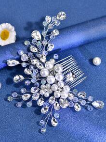 1 pieza Accesorio para el cabello hecho a mano con cristal y perla falsa, peineta para mujer para uso diario, fiesta, fotografía, peinado recogido, adecuado para boda, baile, banquete, accesorios del Día de San Valentín - Plateado - Ver 7