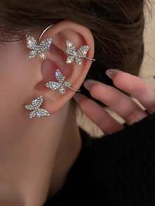 1 pieza Elegante y elegante clip de oreja con mariposa de strass en oro/plata para mujer, joyería para uso diario y festividades - Multicolor - Ver 4