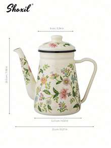 shoxil 1件搪瓷咖啡壶花卉图案手冲壶1.2L大容量咖啡壶手柄壶咖啡壶窄口油壶煮茶壶家用煮茶壶适用于电炉燃气煮咖啡或茶