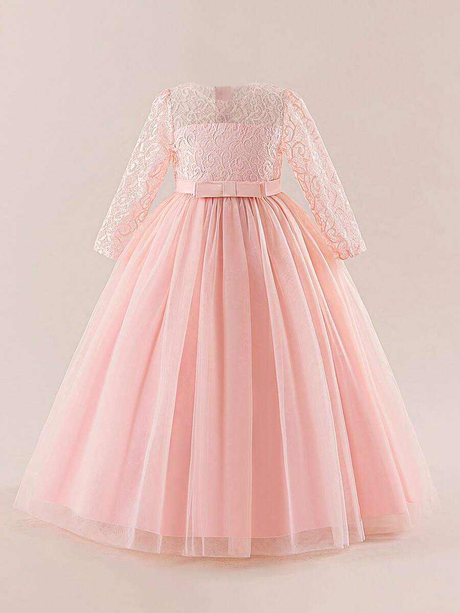 Tween Girls Lace 3/4 Sleeve Bow Mesh Elegant Birthday Party Princess Dress, Suitable For School Graduation Prom Flower Girl, Headband Not Included - Baby Pink - View 1