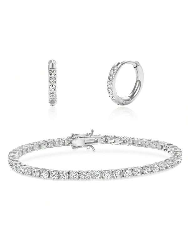 MDFUN مجموعة مجوهرات من سوار تنس وأقراط مطلية بالذهب الأبيض عيار 18 قيراطاً بحجر كريم مرسوم بشكل دائري بقطر 3 ملم وأقراط حلقية صغيرة مصنوعة من الفولاذ المقاوم للصدأ بقطر 8 ملم للرجال والنساء