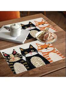 2/4/6pcs Linen Cat Placemats, 12x18 Inch, Rustic Vintage Table Mats For Home, Kitchen, Dining, Indoor & Outdoor, Holiday Decor, Farmhouse Style, No Power Needed
