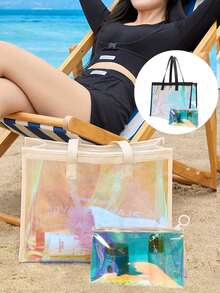 Juego de 1/2 bolso de playa transparente y perlado grande, bolso de mano para mujeres, bolsa de playa impermeable y a prueba de arena con bolsillo con cremallera y bolsa transparente con láser, para vacaciones, días festivos, viajes, playa, piscina, crucero, bolsa de barco, regalo de cumpleaños, regalo de fiesta - Multicolor - Ver 1