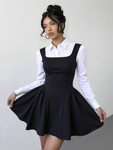 Vestidos para mujer, con cuello cuadrado, sin mangas, liso, elegante, plisado - Negro - Ver 3