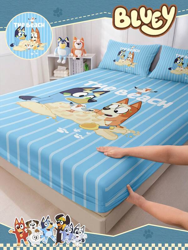 Bluey 1 pieza Sábana ajustable Bluey, ropa de cama Bluey, protector de colchón, funda de cama, serie de colores fríos, textil para el hogar acogedor, protector de colchón transpirable y antipilling, suave y amigable con la piel