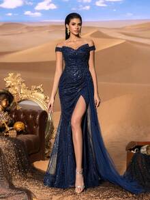 Faeriesty Haute Glamour Luxury Beaded Mermaid Evening Gown With Off-Shoulder & Tulle Overlay – Intricate Sequin Accents, Fitted Bodice For Luxury Evening Banquets & Glamorous Events - 藏蓝色 - 查看 4