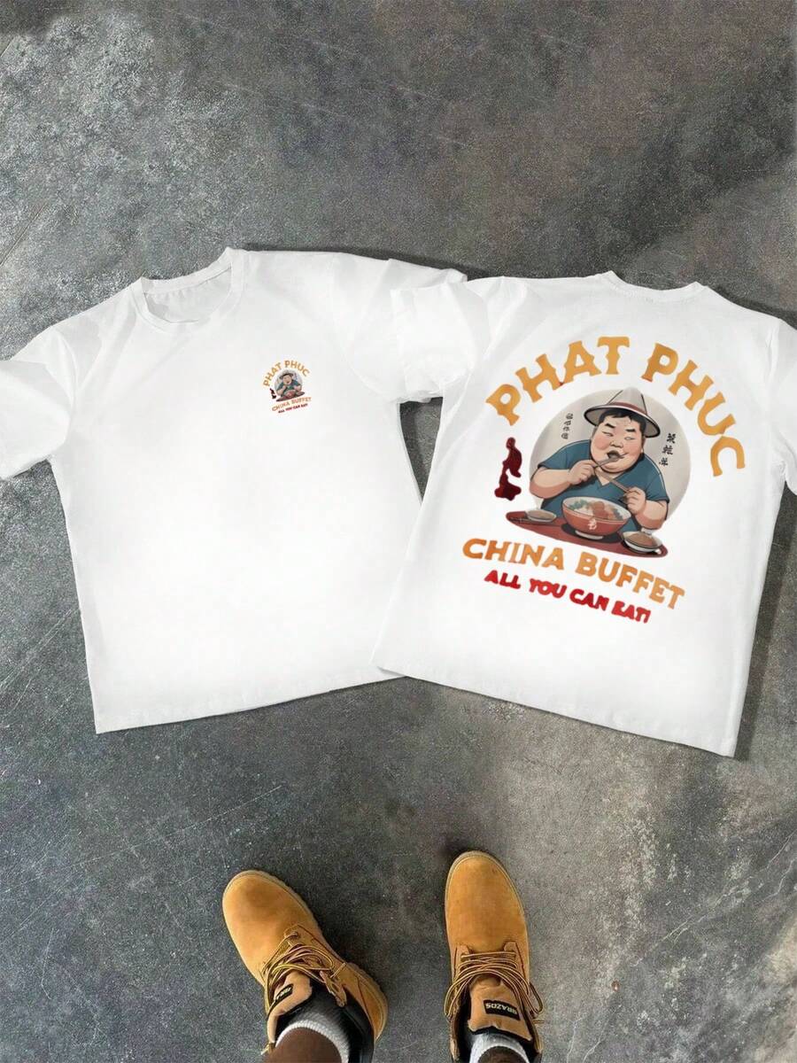 Men's Sports T-Shirt 1Pcs With "Phat Phuc China Buffet" Comic Motif Digital Print 100% Cotton 220g Heavyweight - White - View 1