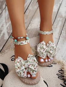 1 双新款女童花朵蝴蝶结装饰平底凉鞋，夏季送给女孩的礼物，儿童鞋带松紧带，易于穿脱，母女亲子装，波西米亚风格，适合夏季度假、海滩、旅行等各种场合。 - 橄欖綠 - 查看 10