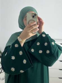 1pc Nida Fabric Single-Piece Women's Abaya With Embroidered Small Chrysanthemum Cuffs, Suitable For Spring, Summer And Autumn - Multicolor - View 3