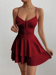 1pc Y2K Sexy Backless Drawstring Tie-Up Dress, Elegant Pleated Skirt Jumpsuit Suitable For Bar, Party, Home, And Graduation Ceremony, European & American Cross-Border Style 2025 - Burgundy - View 4