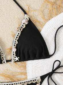 New Soft Spaghetti Straps Halter Open Back Shell Decor Swimwear Set Vacation Beach Black Summer - Black - View 10
