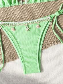 Nuevo conjunto de traje de baño con copas suaves, tirantes de espagueti, espalda descubierta y decoración de concha para vacaciones en la playa - verde menta - Ver 9