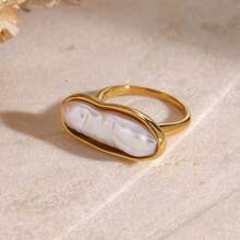 S SHOPBOHO 1pc Stainless Steel Finger Ring Chunky Jewelry Girls Party Outfit Large Irregular Faux Pearl Gold Ring